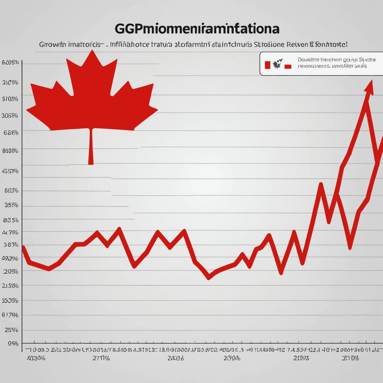 A line graph showing recent economic trends in Canada, including GDP growth, inflation rates, and employment figures