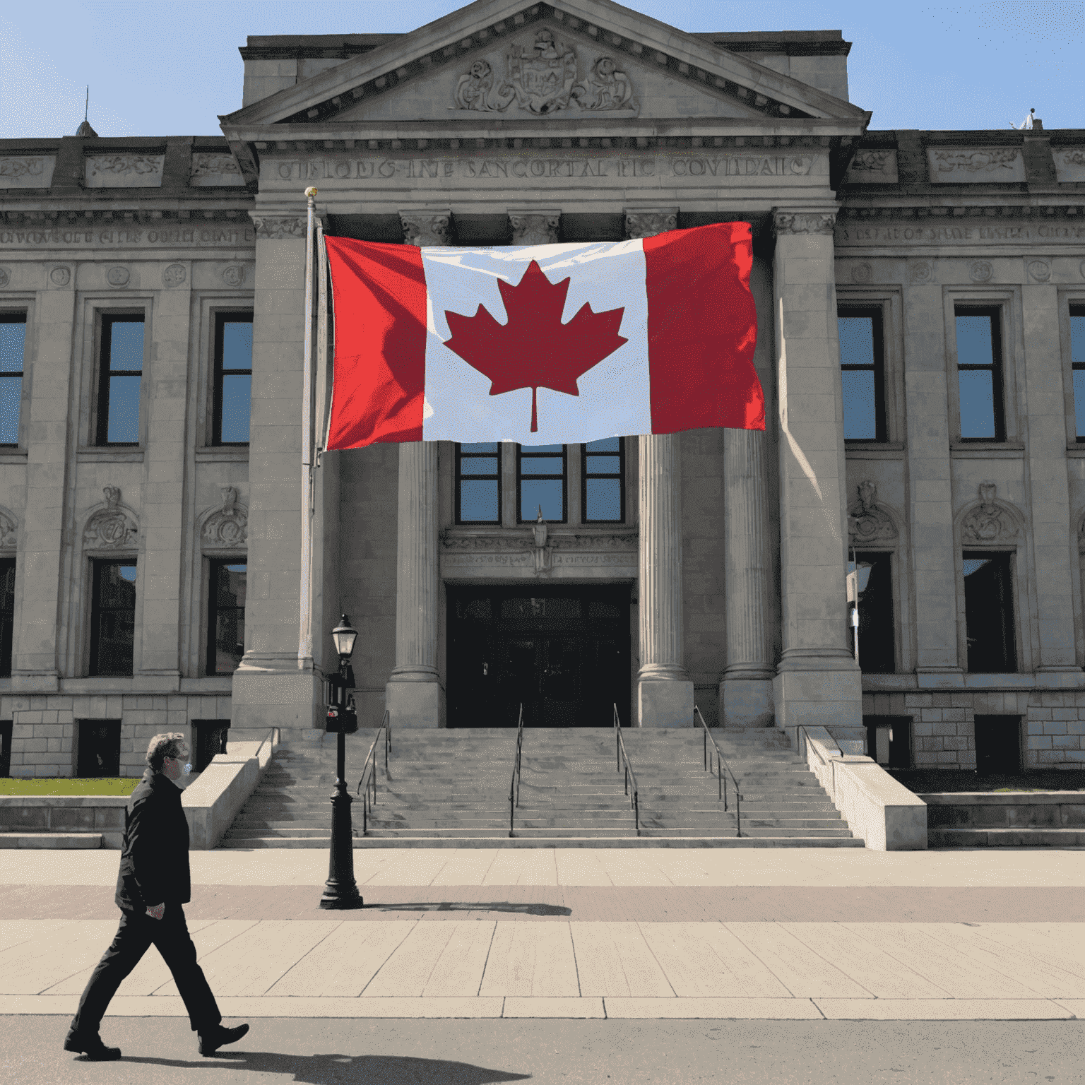 Canadian flag waving in front of government building, symbolizing Canada's response to the COVID-19 pandemic