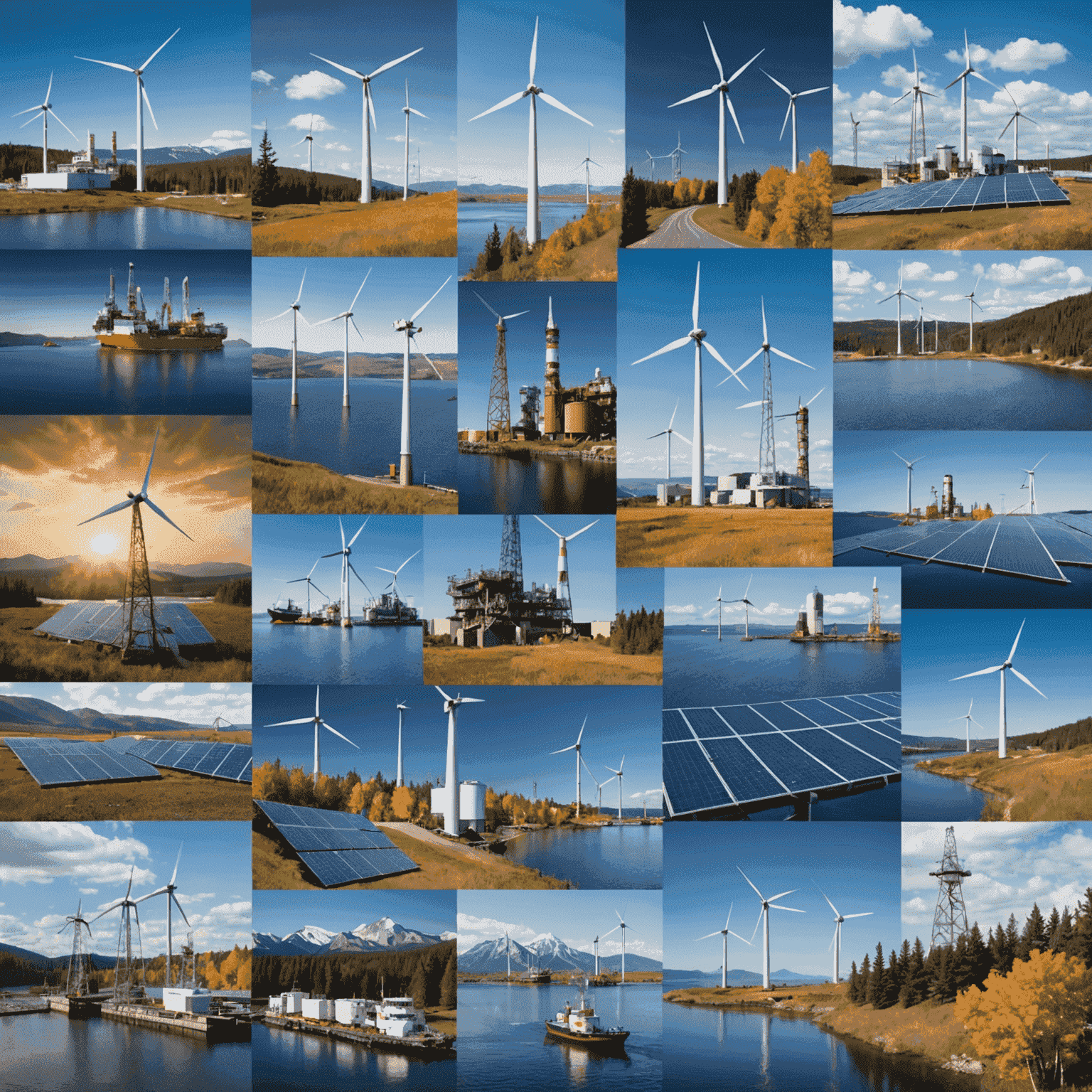 A collage of images representing Canada's energy industry, including oil rigs, wind turbines, solar panels, and hydroelectric dams