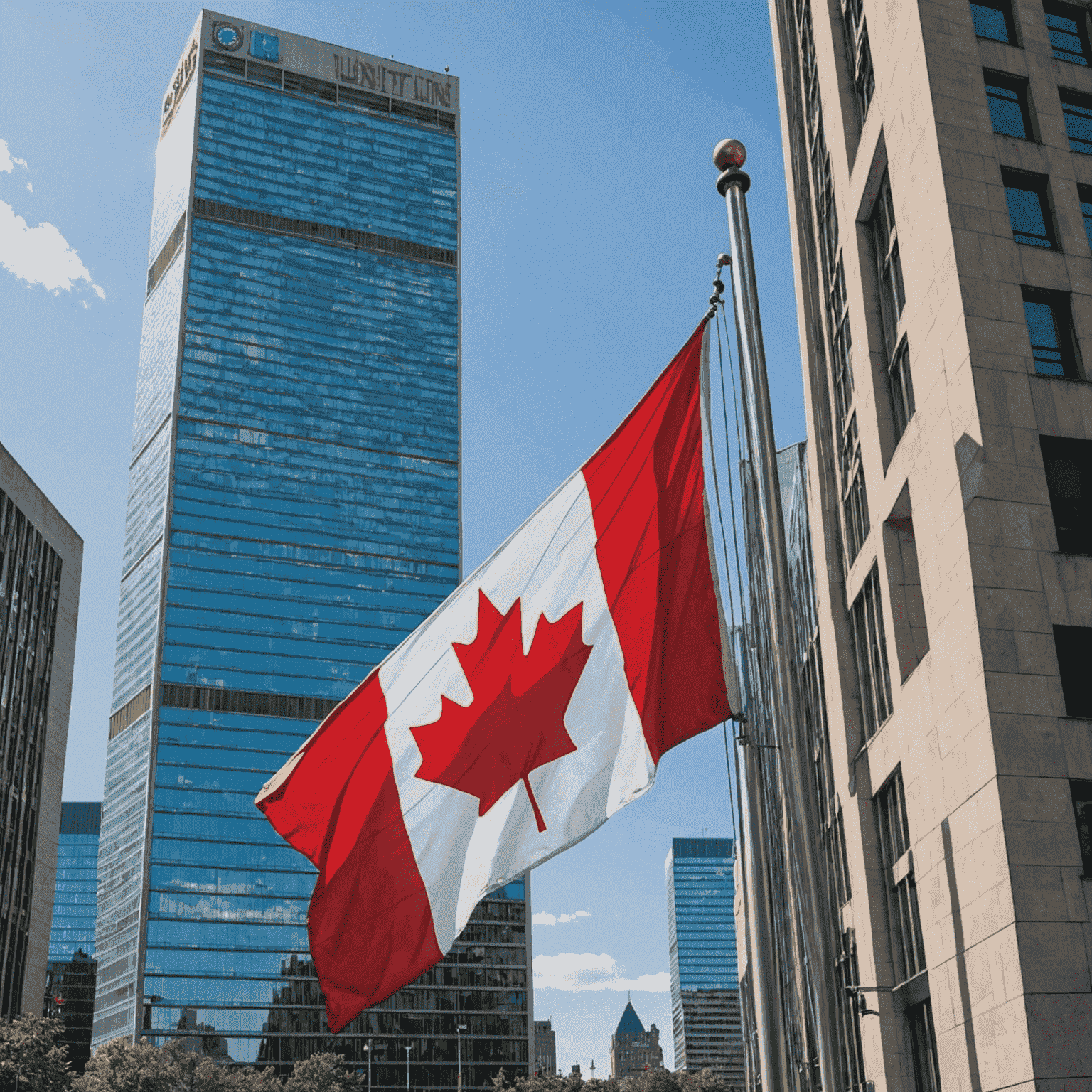 Canadian flag waving in front of the United Nations building in New York, symbolizing Canada's commitment to international cooperation