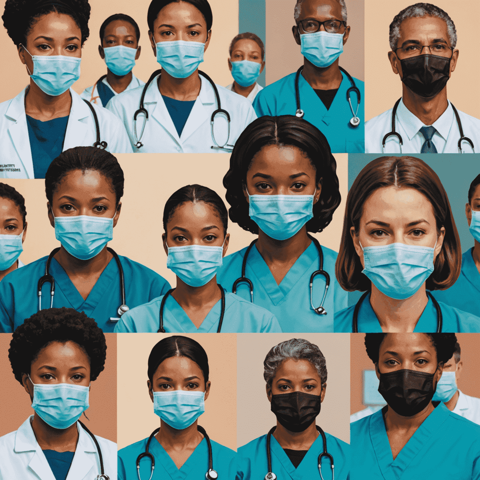 A collage of images showing healthcare workers, government officials, and citizens wearing masks and practicing social distancing