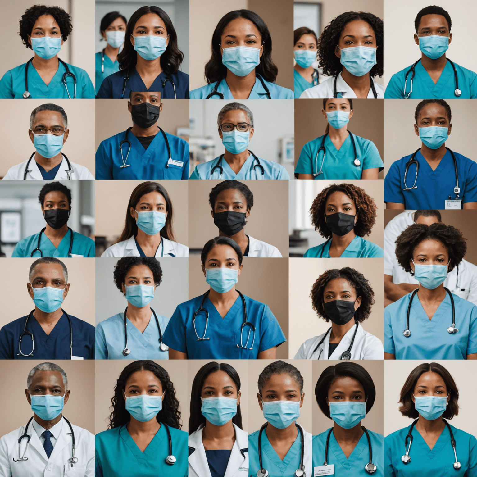 A collage of images showing healthcare workers, government officials, and citizens wearing masks and practicing social distancing