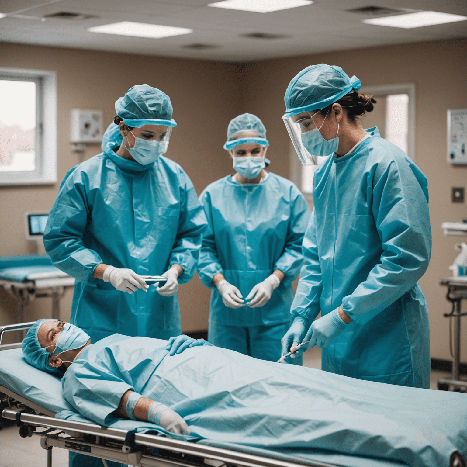 Healthcare workers in protective gear treating COVID-19 patients in a hospital setting