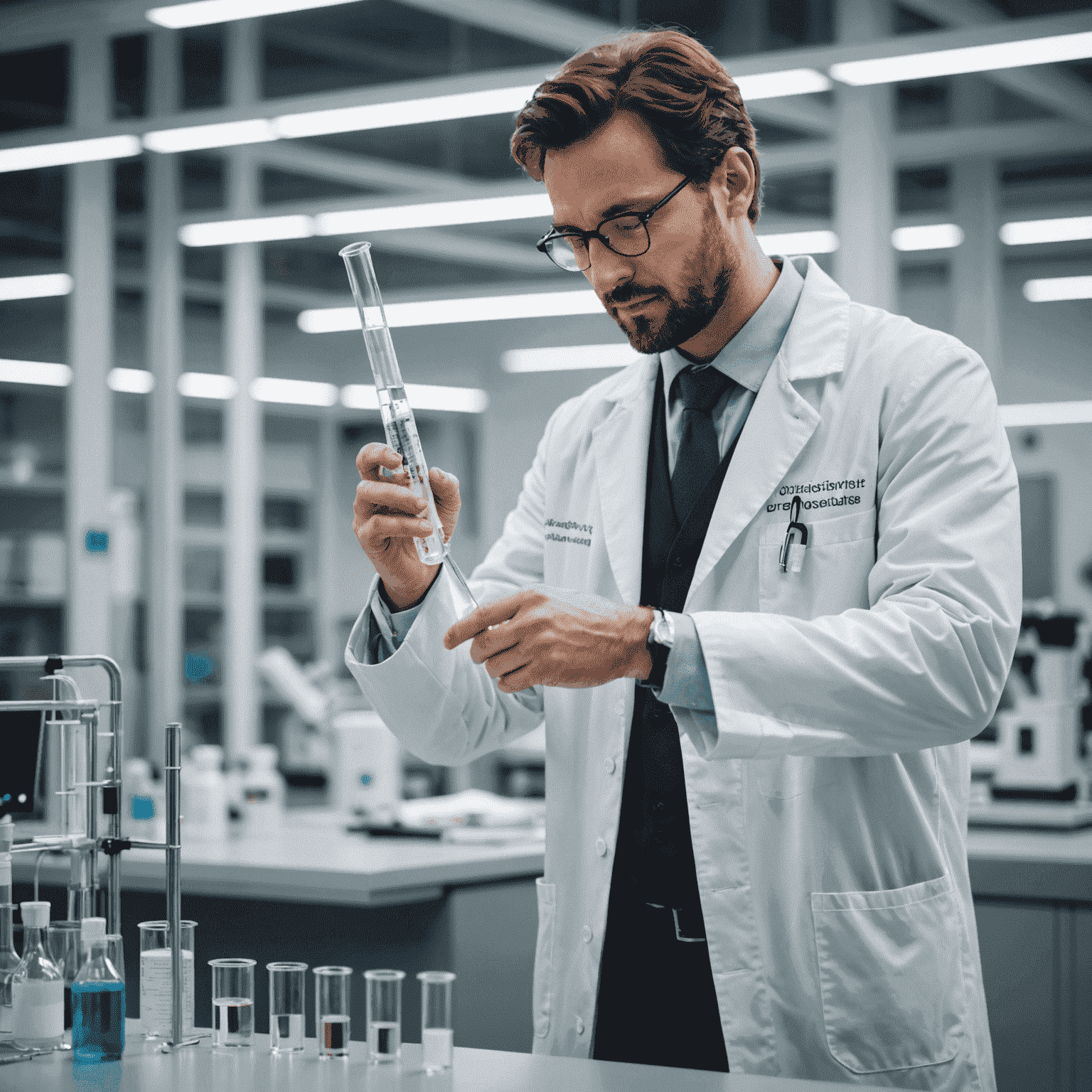 A scientist in a white lab coat examining a test tube in a modern research facility, symbolizing Canadian healthcare innovation