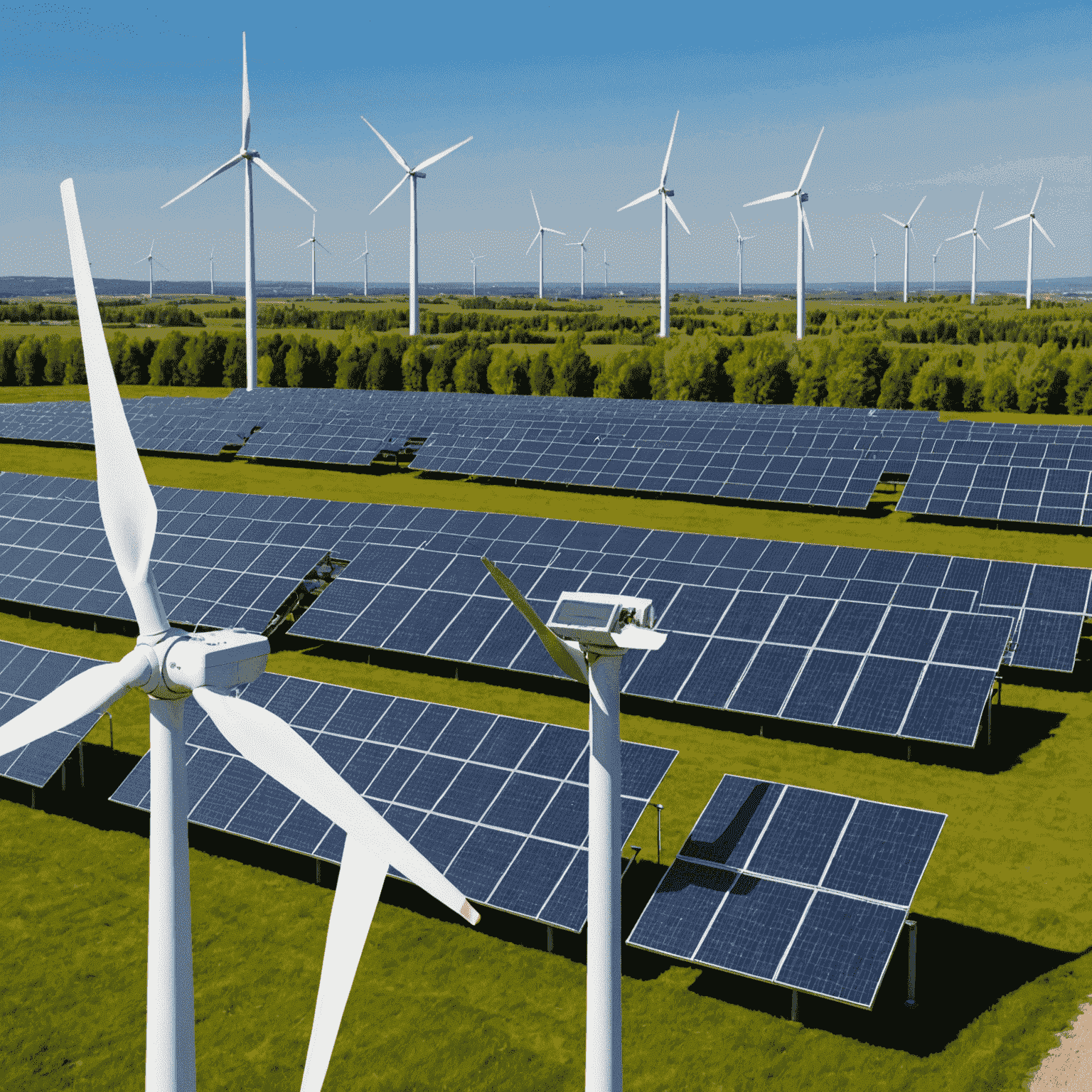 A photo of a wind turbine farm and solar panels, representing the shift towards renewable energy in Canada