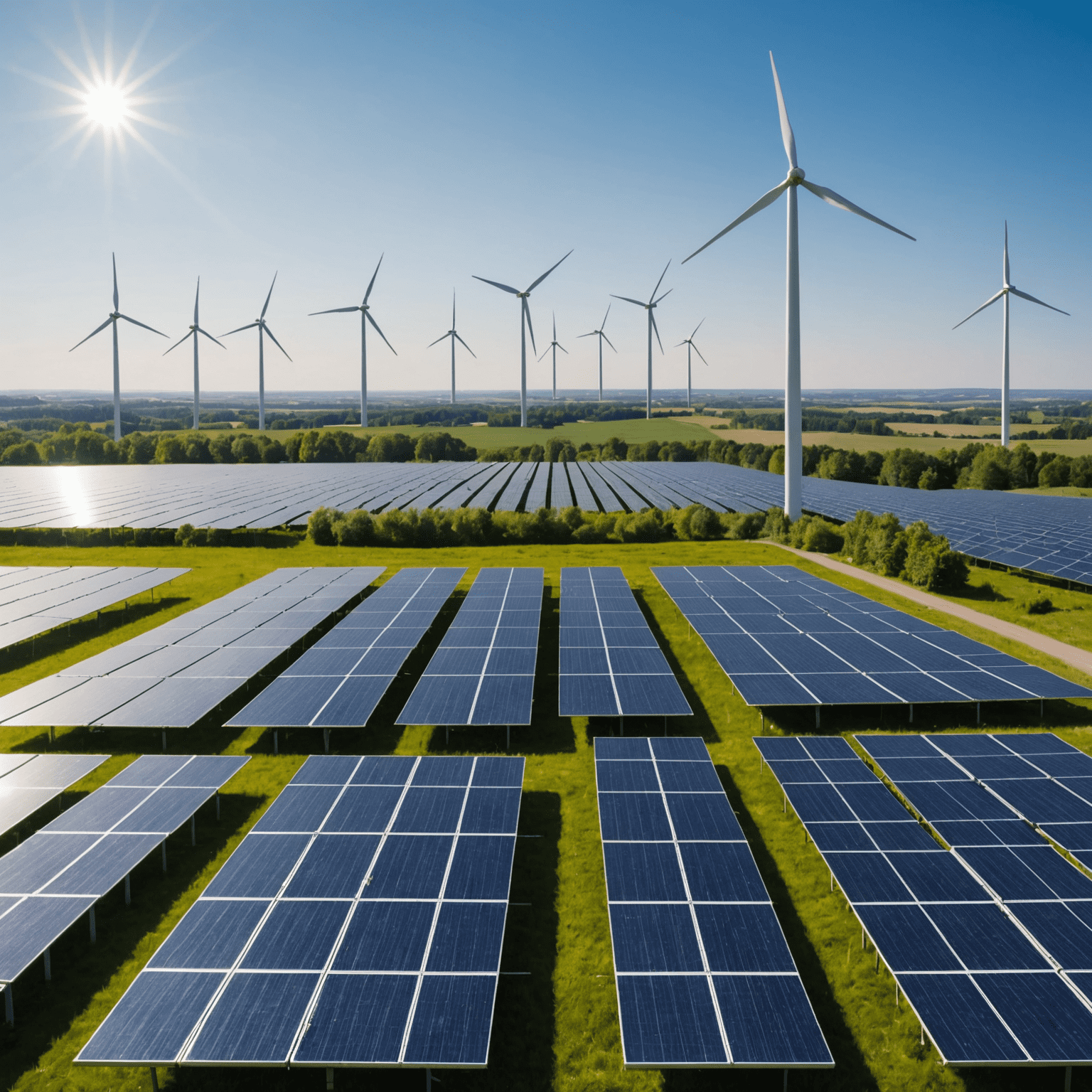 A photo of a wind turbine farm and solar panels, representing Canada's shift towards renewable energy