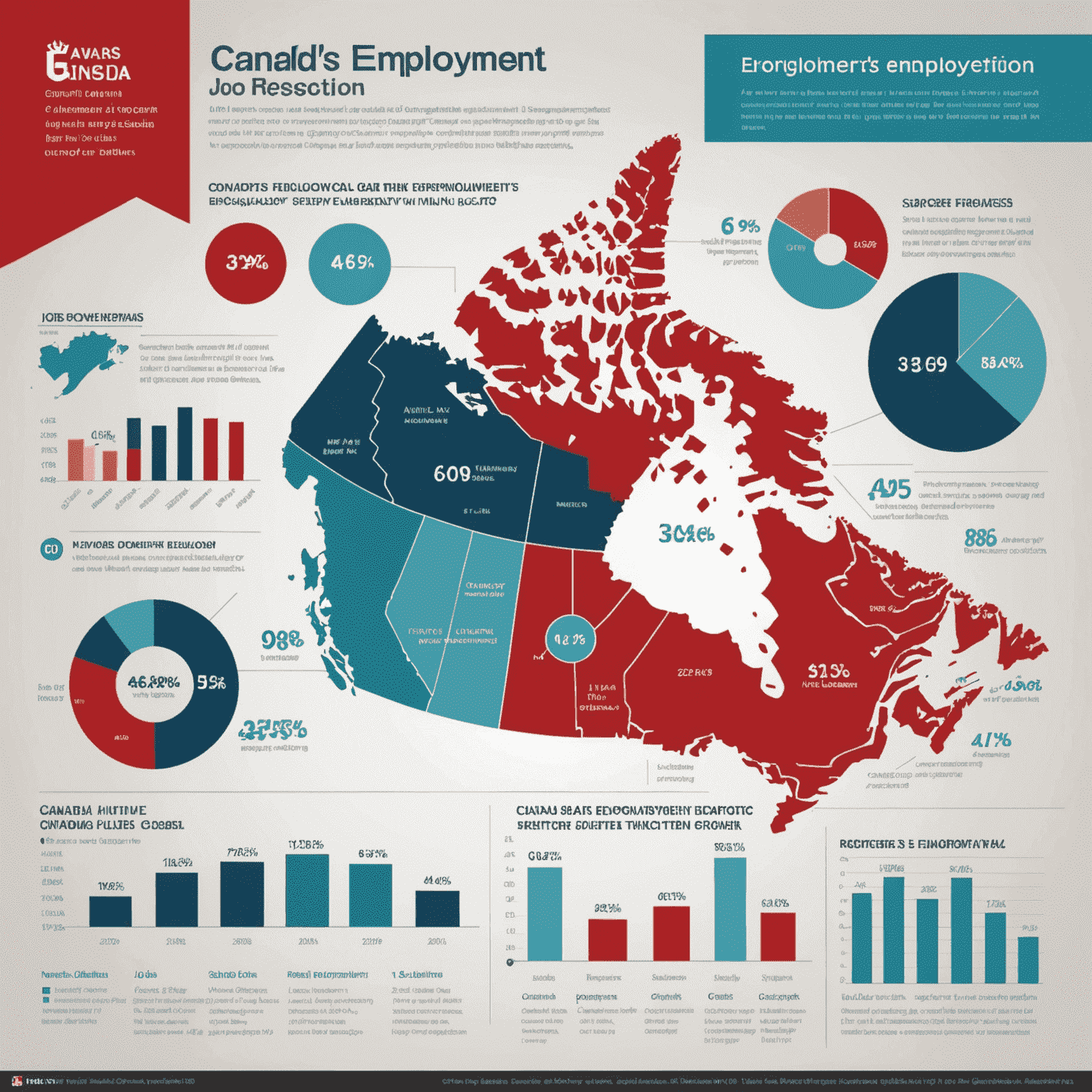 Infographic showcasing Canada's employment figures, including job growth by sector and regional variations