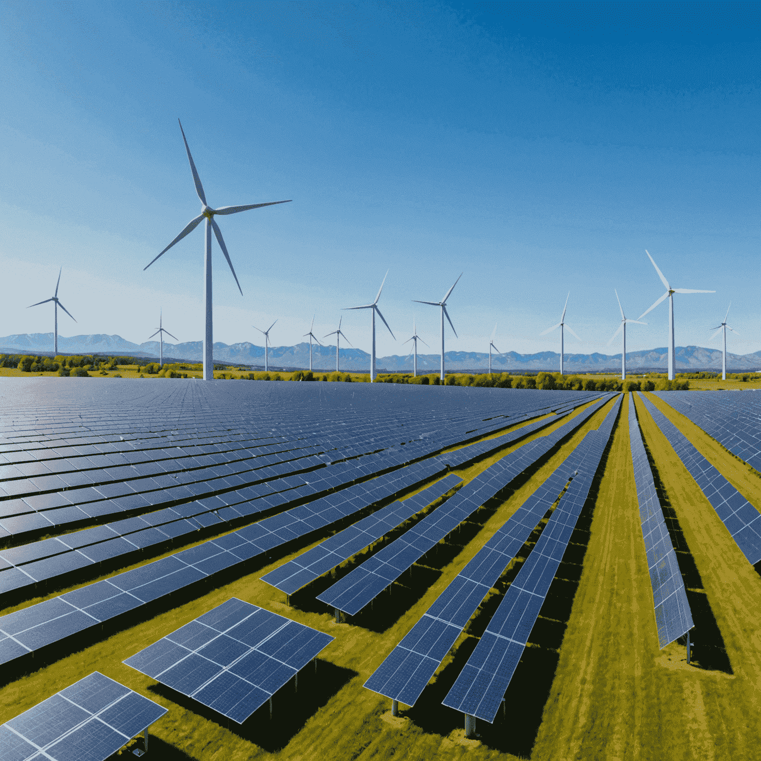 A vast field of solar panels and wind turbines set against a clear blue sky, representing Canada's commitment to clean energy innovation