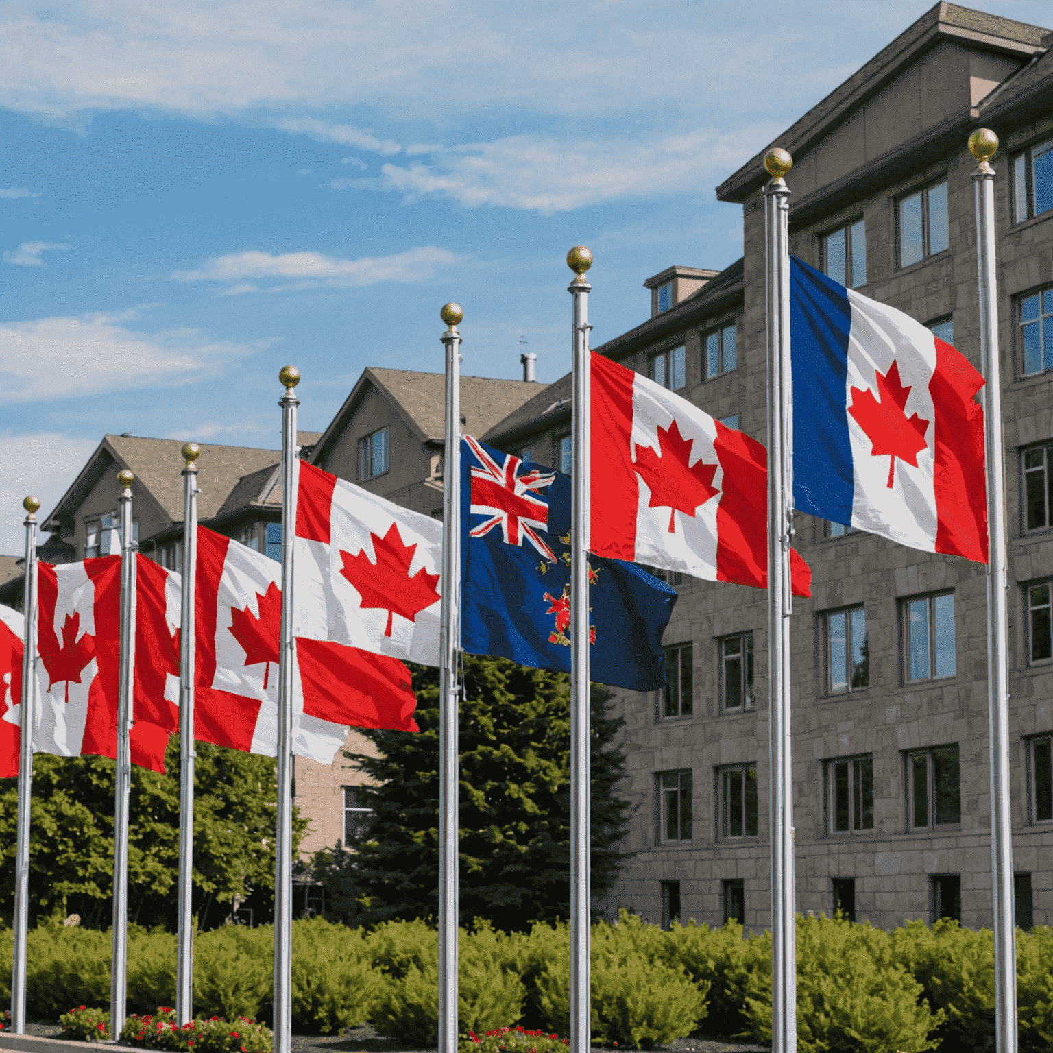 A photo of the Canadian flag flying alongside flags of other nations, symbolizing Canada's role in global affairs